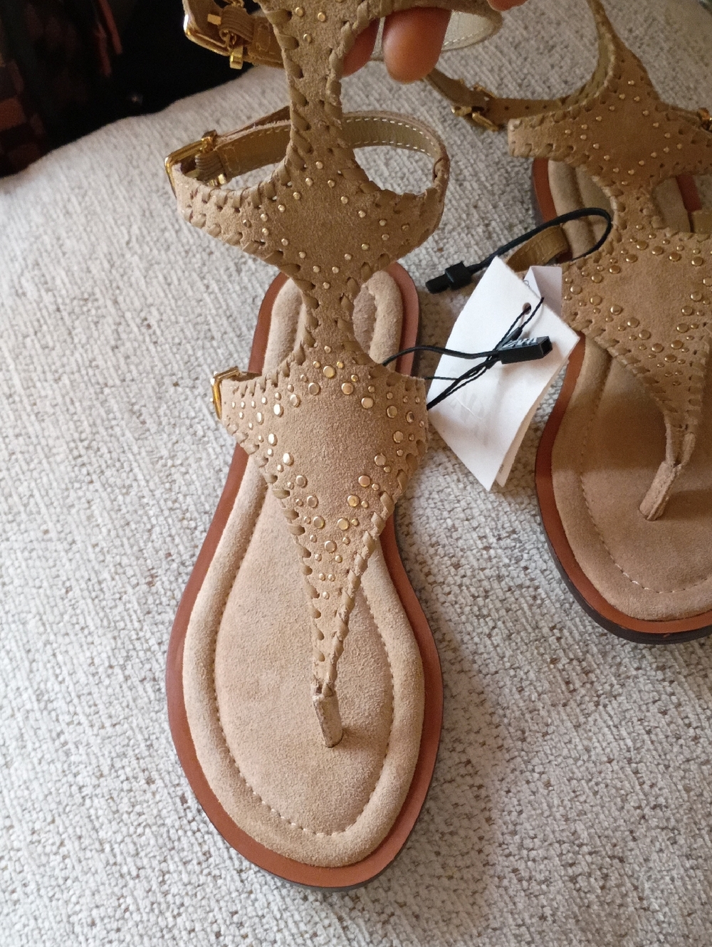 Zara Beige Suede Studded T-Strap Sandals